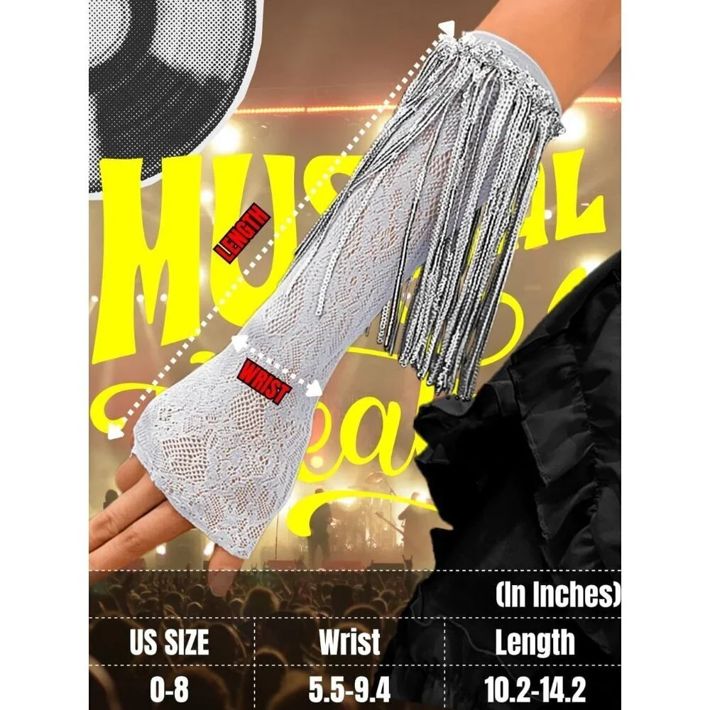 Women's Sparkly Sequin Gray Fingerless Fringe Lace Arm Sleeves Party Gloves